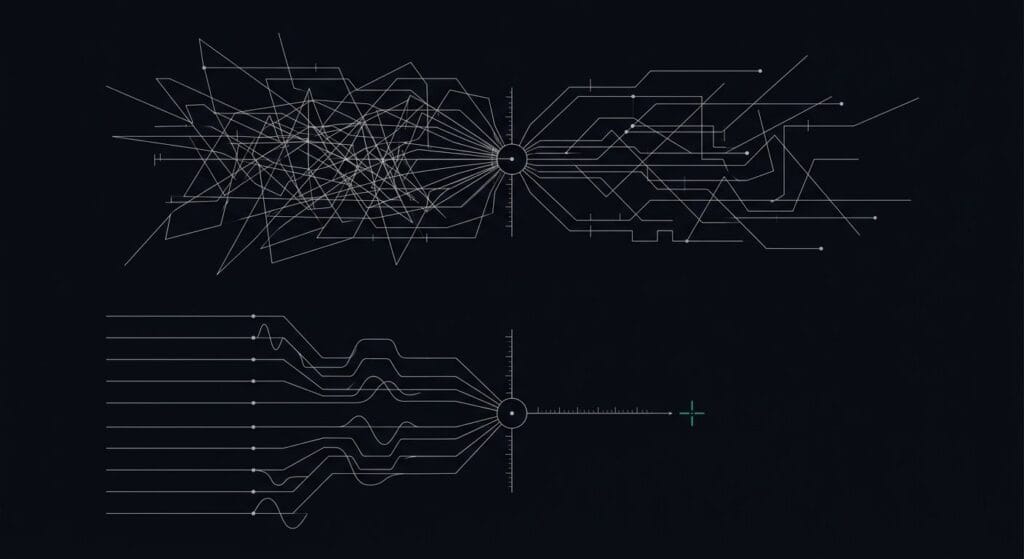 Blueprint schematic of a filtration gate separating curated methodology from blended best practices in ai implementation