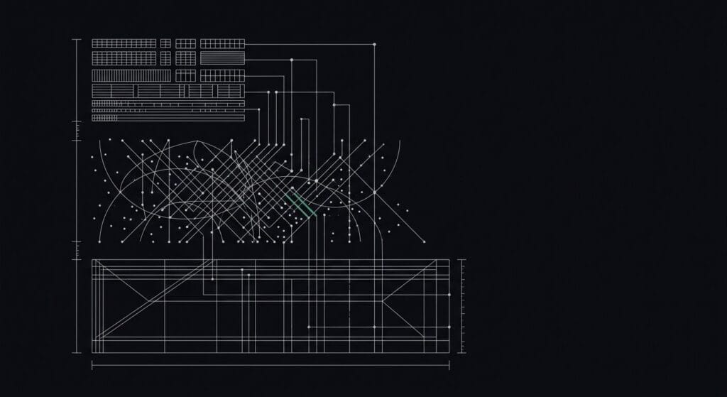 Blueprint schematic of three layered business knowledge architecture showing documented surface undocumented methodology and framework integration depths